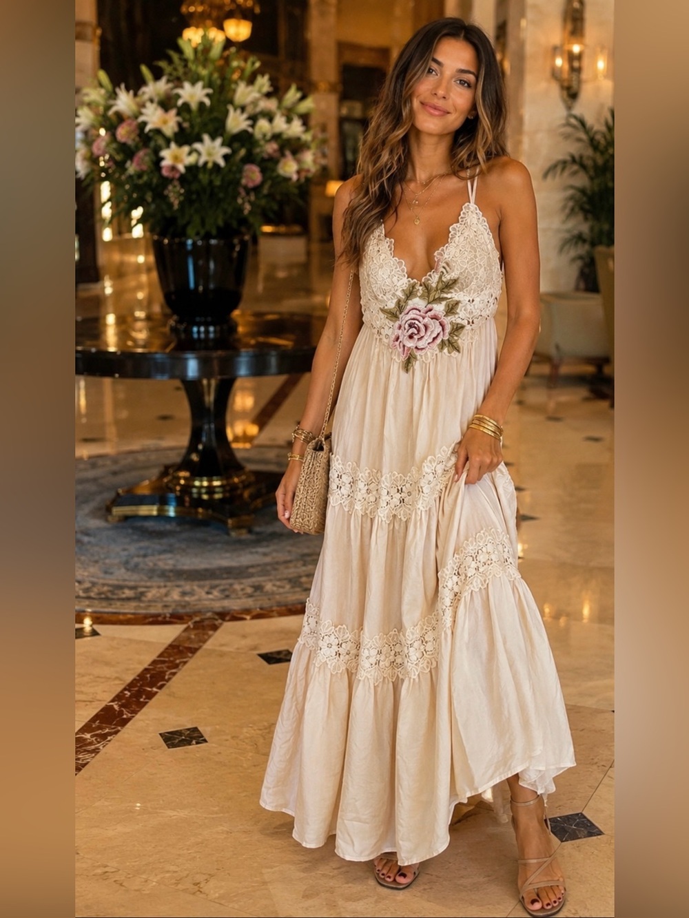 NWT Aratta Maxi Dress with Pink Rose Embroidery and Lace